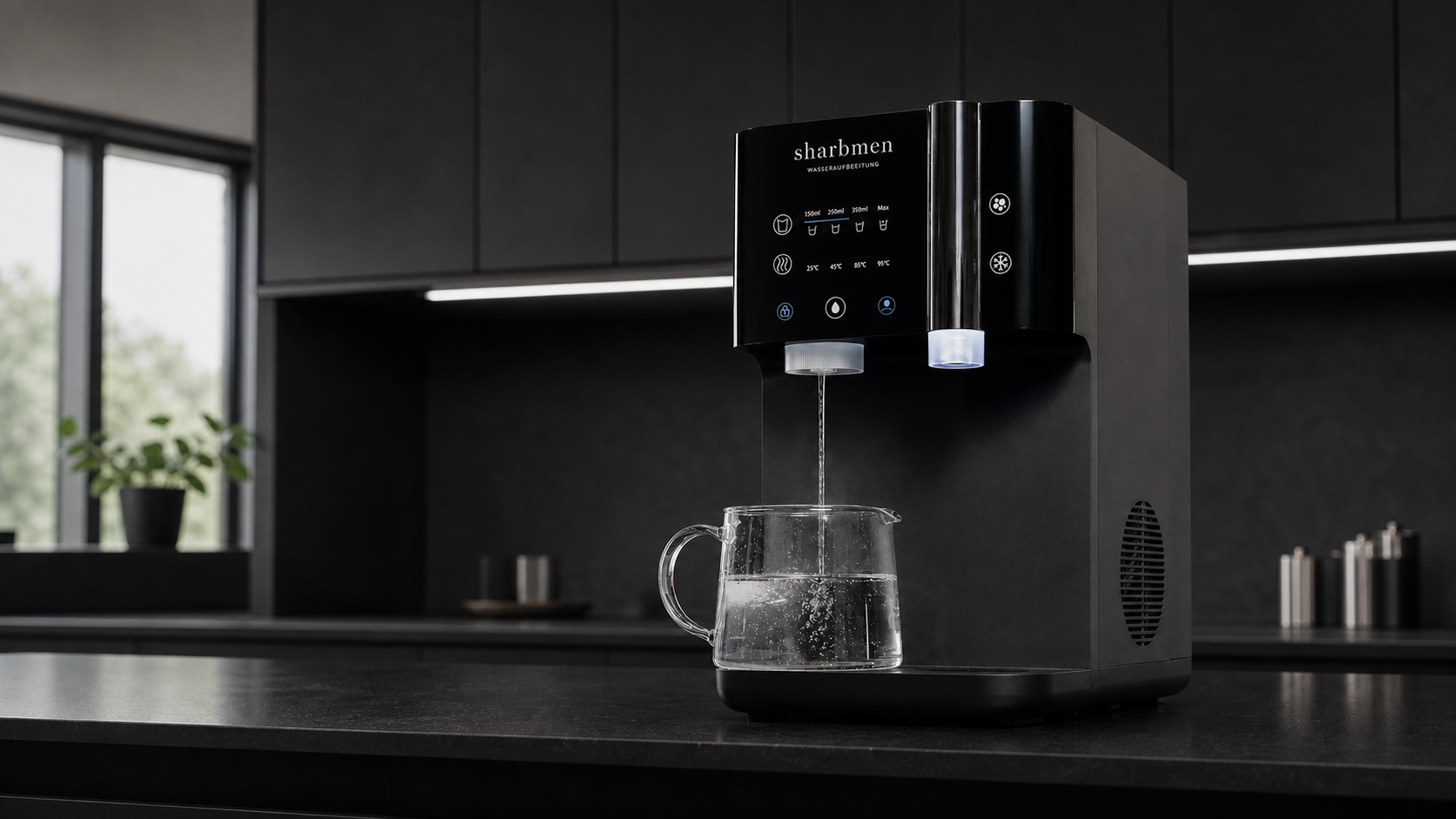 Schwarzes Sharbmen 4-in-1 System bei der Wasserausgabe